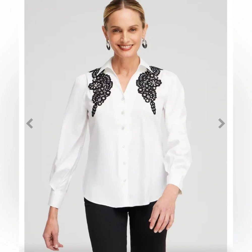:: CHICO’S Poplin Black Lace on White Appliqué Blouse Dressy Shirt SOLD … - Picture 8 of 14